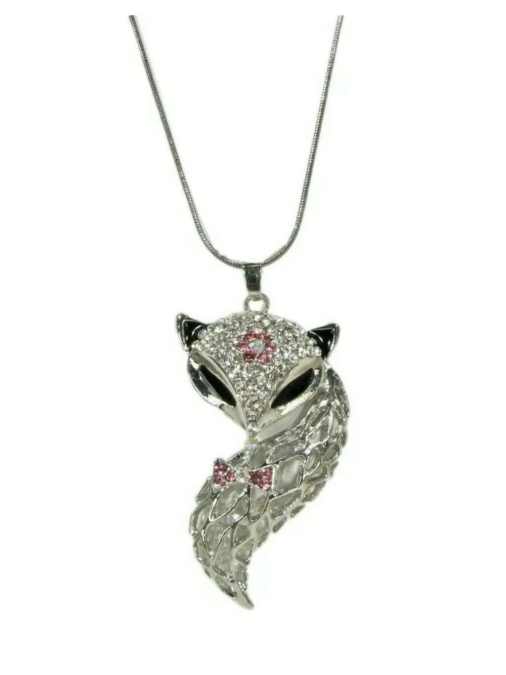 Fox sparkling large crystal pendant necklace with pink bow black enamel eyes New